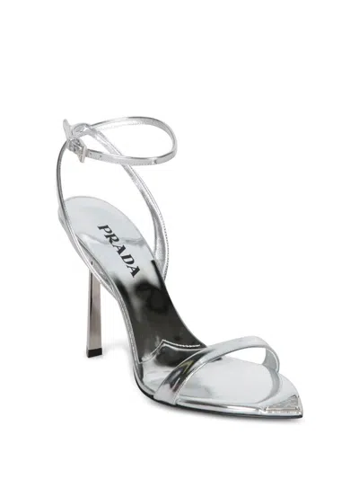 Prada Silver Metallic Leather High Sandals In Silver