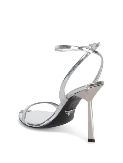 Prada Silver Metallic Leather High Sandals In Silver