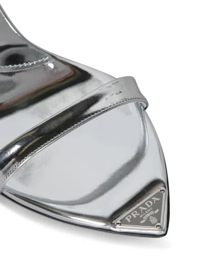 Prada Silver Metallic Leather High Sandals In Silver