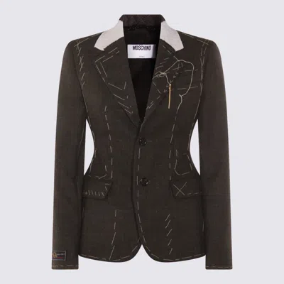 Moschino Embroidered Wool Canvas Jacket With Notch Lapel In Gray