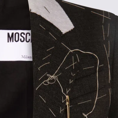 Moschino Embroidered Wool Canvas Jacket With Notch Lapel In Gray