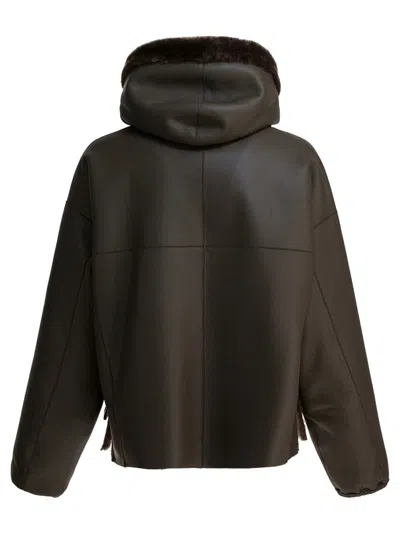 Blancha Versatile Hooded Reversible Jacket Front Pockets In Brown