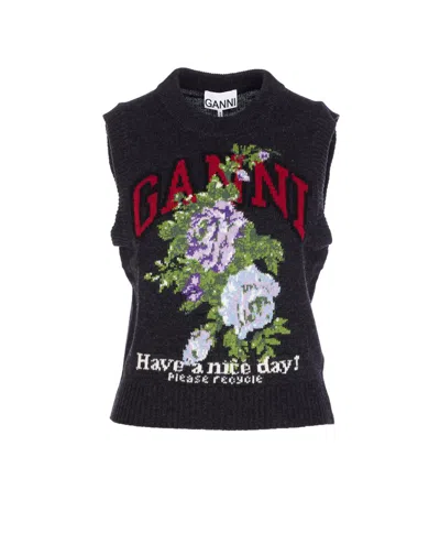 Ganni Flowers Grey Vest In Burgundy