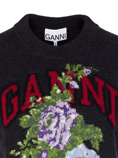 Ganni Flowers Grey Vest In Burgundy