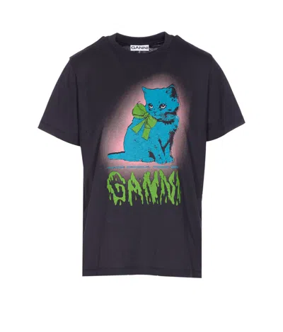 Ganni Neon Kitty Organic Cotton T-shirt In Blue