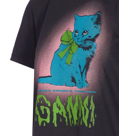 Ganni Neon Kitty Organic Cotton T-shirt In Blue