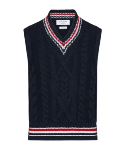 Thom Browne Navy Aran Cable Stitch Merino Wool Vest In Black