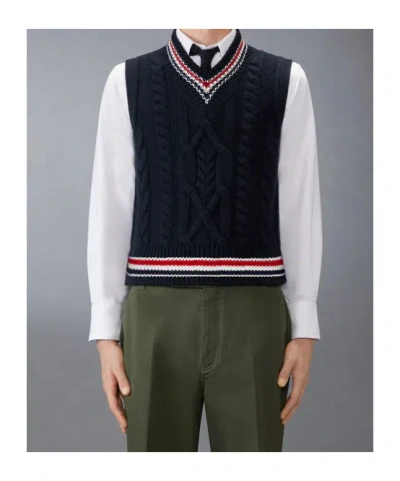 Thom Browne Navy Aran Cable Stitch Merino Wool Vest In Black