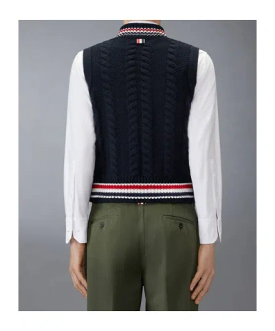 Thom Browne Navy Aran Cable Stitch Merino Wool Vest In Black