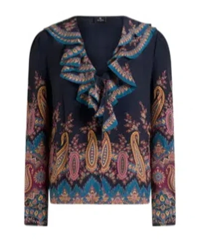 Etro Women's Long Sleeve Ruffled Neck Paisley Top In Blue