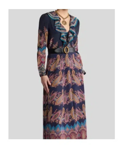 Etro Women's Long Sleeve Ruffled Neck Paisley Top In Blue