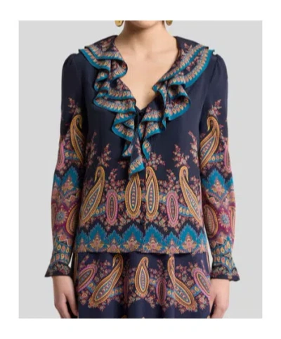 Etro Women's Long Sleeve Ruffled Neck Paisley Top In Blue