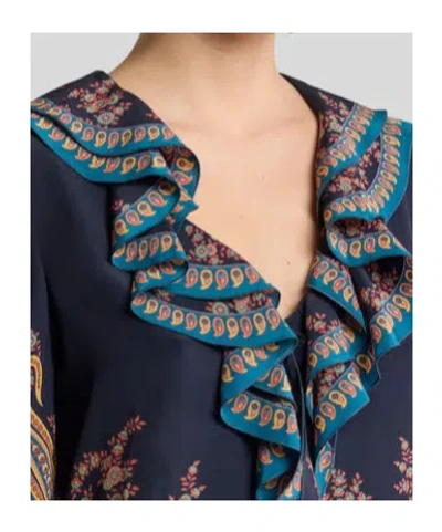 Etro Women's Long Sleeve Ruffled Neck Paisley Top In Blue