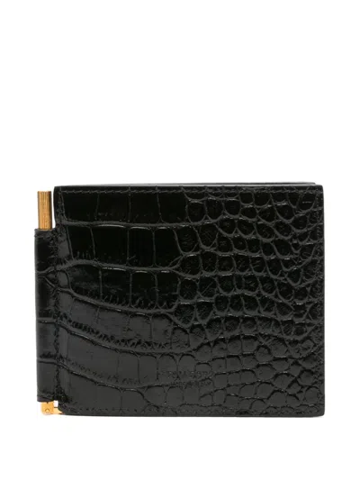 Tom Ford Crocodile Texture Bi-fold Money Clip Wallet In Black