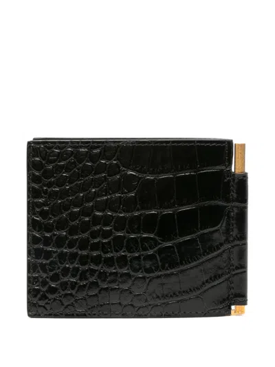 Tom Ford Crocodile Texture Bi-fold Money Clip Wallet In Black