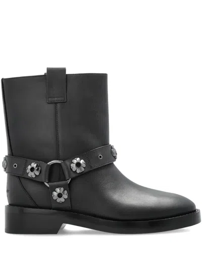 Kate Spade Flower-embellished Biker Boots In Black