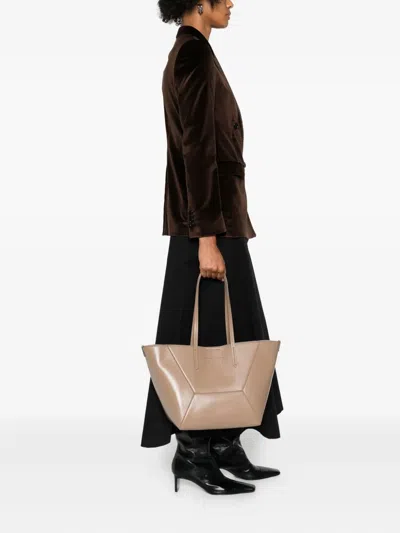 Brunello Cucinelli Beige Tote Bag With Logo Lettering On The Front And Geometric Panels Design In Leather Woman In Neutral