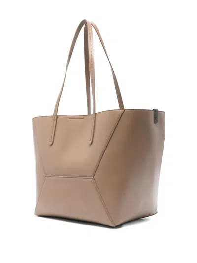 Brunello Cucinelli Beige Tote Bag With Logo Lettering On The Front And Geometric Panels Design In Leather Woman In Neutral