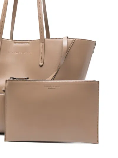 Brunello Cucinelli Beige Tote Bag With Logo Lettering On The Front And Geometric Panels Design In Leather Woman In Neutral