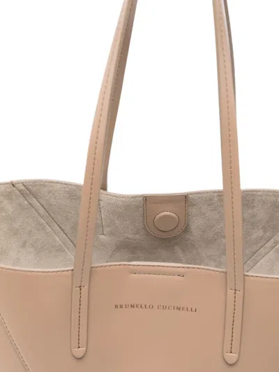 Brunello Cucinelli Beige Tote Bag With Logo Lettering On The Front And Geometric Panels Design In Leather Woman In Neutral