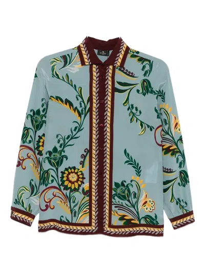 Etro Silk Printed Button Front Blouse In Green