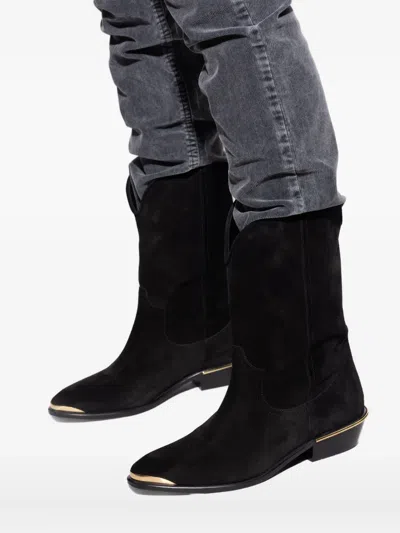 Isabel Marant Block Heel Suede Boot With Gold Trim In Black