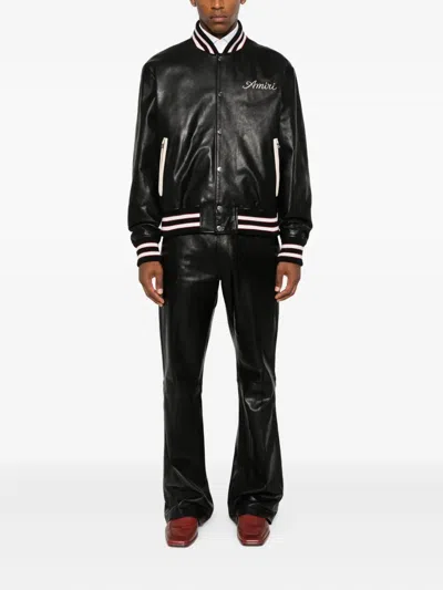 Amiri Leather Jacket With Elasticized Collar And Cuffs In Black