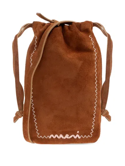 Marni Drawstring Suede-leather Cross Body Bag In Brown