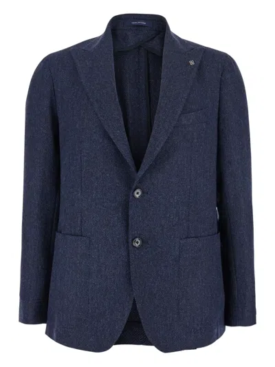 Tagliatore Blue Single-breasted Jacket With Peak Lapel In Wool And Cotton Blend Man In Blue