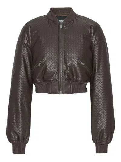Rotate Birger Christensen Brown Cropped Bomber Bomber Jacket With Bomber Collar And Woven Design In Ecoleather Woman In Brown