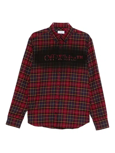 Off-white Bordeaux Shirt With Maxi Logo Lettering On The Front And All-over Check Motif In Wool Man In Red