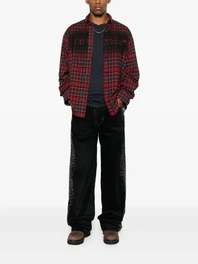 Off-white Bordeaux Shirt With Maxi Logo Lettering On The Front And All-over Check Motif In Wool Man In Red