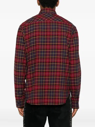 Off-white Bordeaux Shirt With Maxi Logo Lettering On The Front And All-over Check Motif In Wool Man In Red