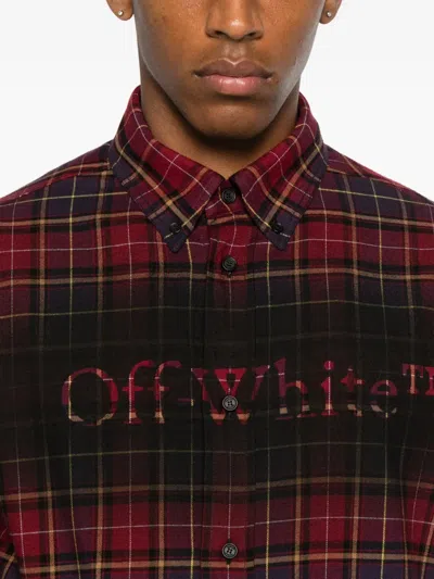 Off-white Bordeaux Shirt With Maxi Logo Lettering On The Front And All-over Check Motif In Wool Man In Red