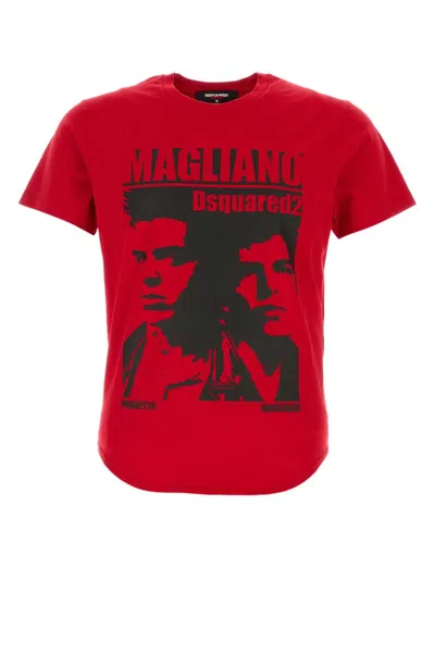 Dsquared2 D2 X Magliano Red Crewneck T-shirt With Maxi Print On The Front In Cotton Man In Red