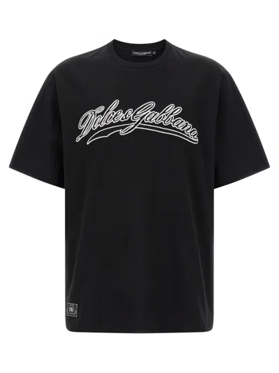 Dolce & Gabbana Men Cotton T-shirt With Embossed Logo Embroidery In Black