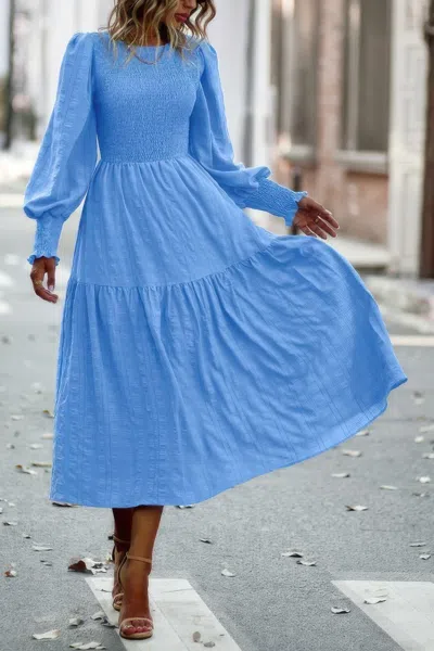 Truedames Solid Round Neck Puff Long Sleeve Midi Dress In Blue