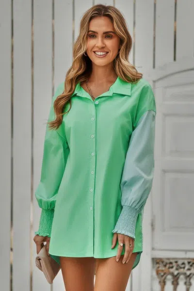 Truedames Color Block Button Down Cuffed Sleeves Blouse In Gray