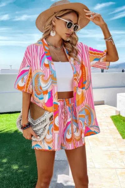 Truedames Graphic Print Drop Shoulder Blouse Tie Front Short In Multi