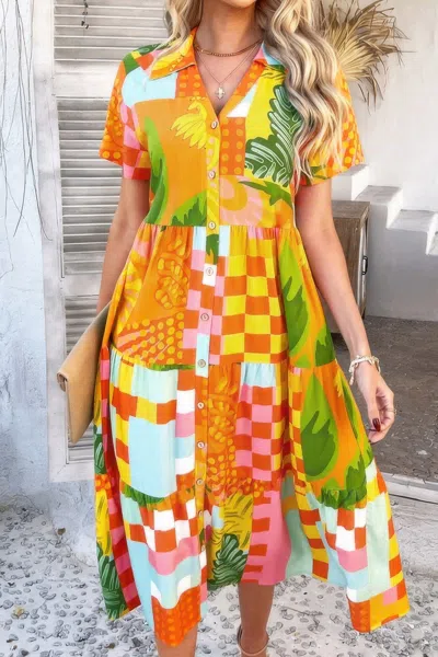 Truedames Allover Printed Button Down Ruched Long Dress In Multi