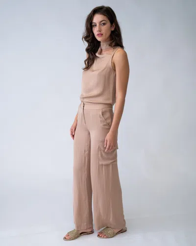 Adrienne Landau Wide Leg Satin Cargo Pant In Brown