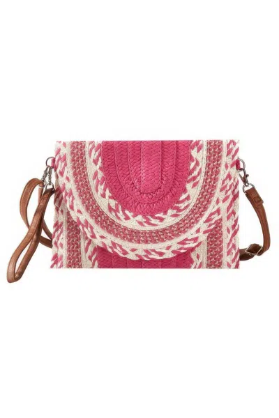 Fashnzfab Multi Pattern Straw Clutch & Crossbody Bag In Pink