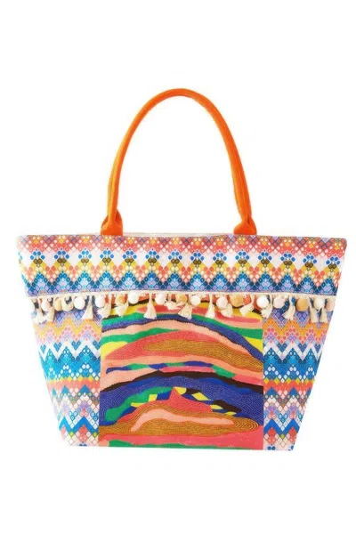 Fashnzfab Boho Print Pom Pom Fringe Tote Bag In Orange