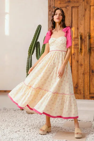Truedames Ribbon Flowy Maxi Dress With Contrast Trim In Neutral