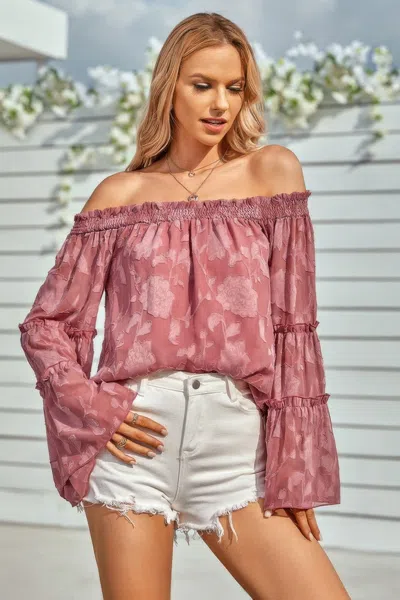 Truedames Solid Off Shoulder Flared Sleeve Flowy Blouse In Pink