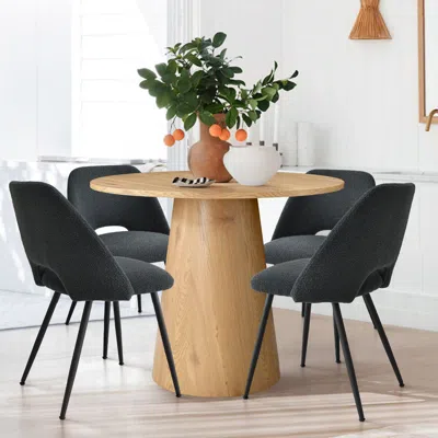 Maison Boucle 5-piece Oak Round Dining Table Set With 4 Bouclé Upholstered Chairs For Kitchen Or Small Dining Room In Multi