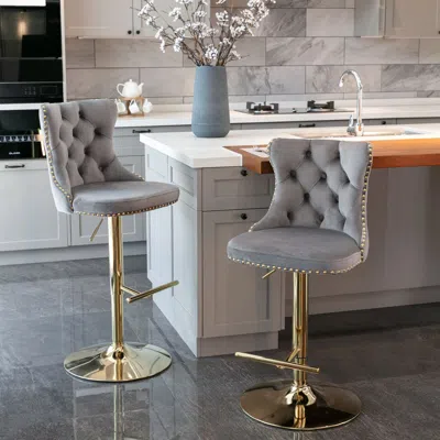 Hivvago Set Of 2 Modern Upholstered Tufted Velvet Armless Bar Stools With Gold Details - Gray In Gray
