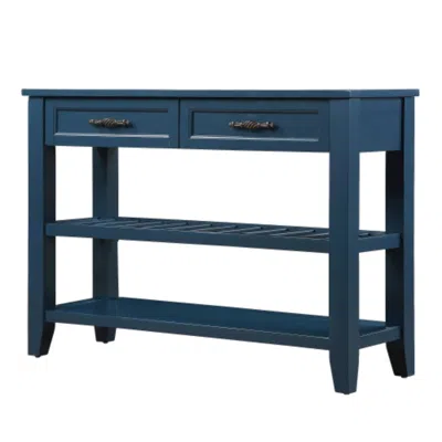 Hivvago Mid Century Console Sofa Table With 2 Storage Drawers And 2 Tiers Shelves In Blue