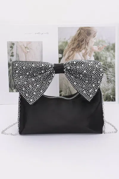 Fashnzfab Rhinestone Hotfix Bow Handle Nylon Clutch In Black