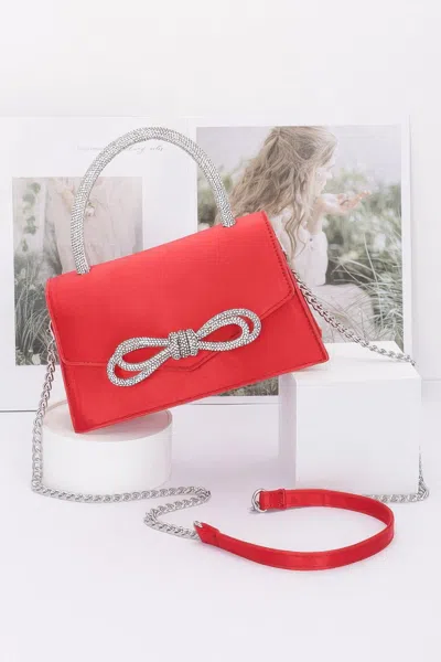 Fashnzfab Rhinestone Ribbon Handle Flap Bag In Red